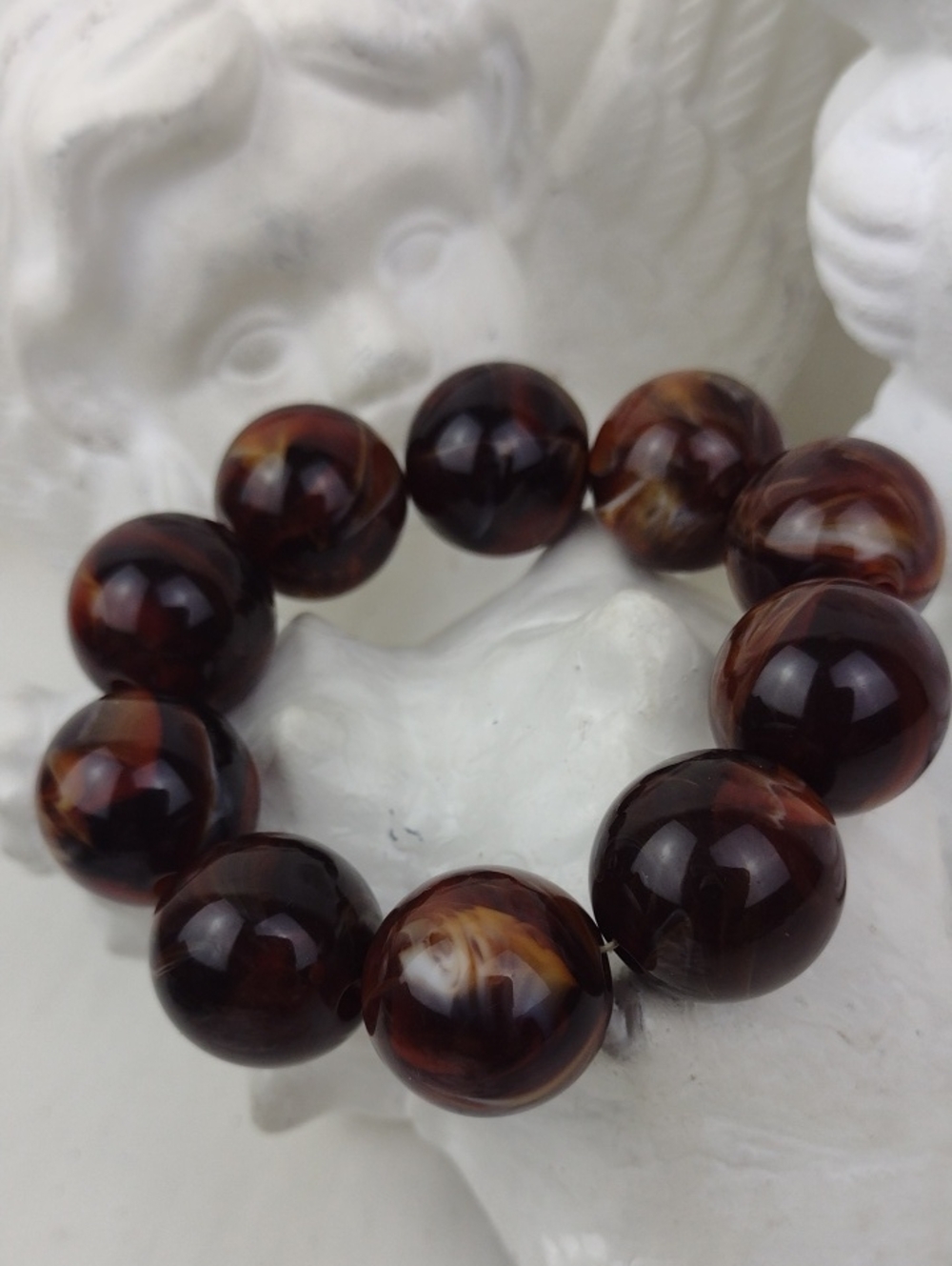 Chunky Marbled Classic Brown Polished Bead Stretch Bracelet - Picture 2 of 8